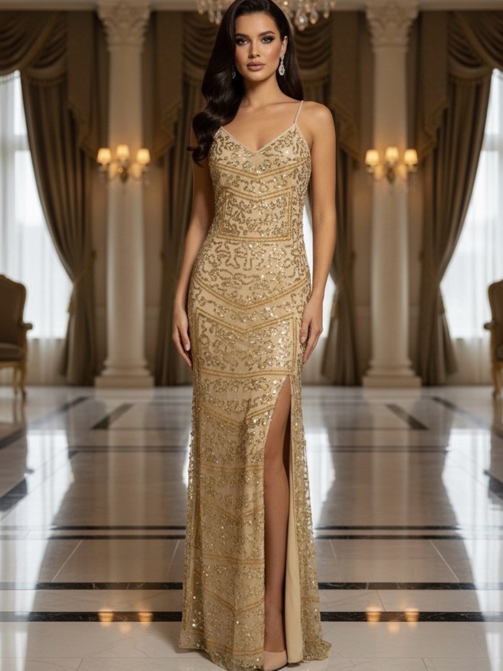 Gold iridescent hand beaded Sequin Spaghetti Strap Evening Gown. Side slit